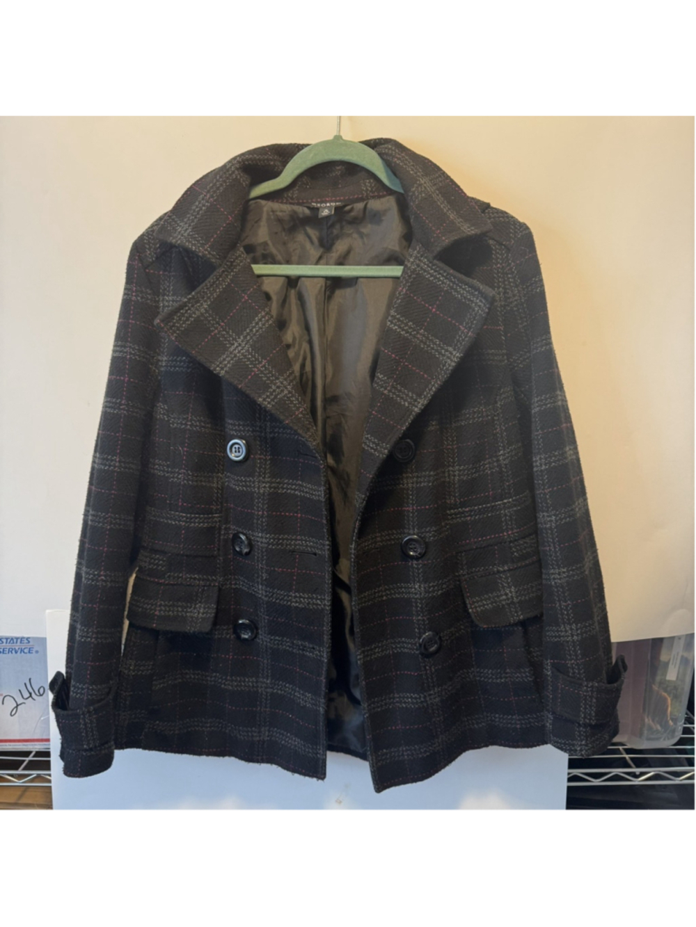 George Women’s Double Breasted Plaid Pea Coat Black/Grey/Pink Wool Blend Sz M